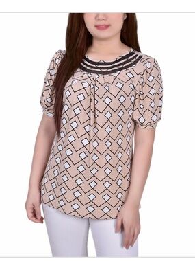 NY Collection Petite Short Puff Sleeve Mesh Inset Top